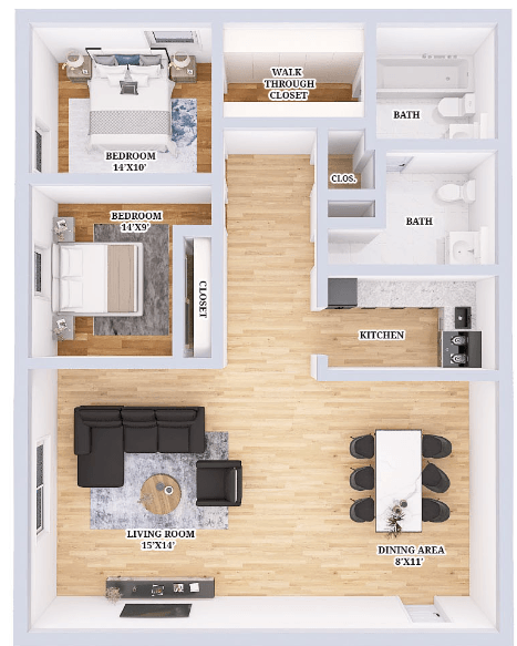 Floor plan for 2 beds, 1.5 baths, 850 sqft
